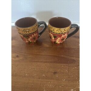 Pier 1 Imports Hand-Painted SUNFLOWER Coffee Tea Mug Cup Terracotta LOT 2